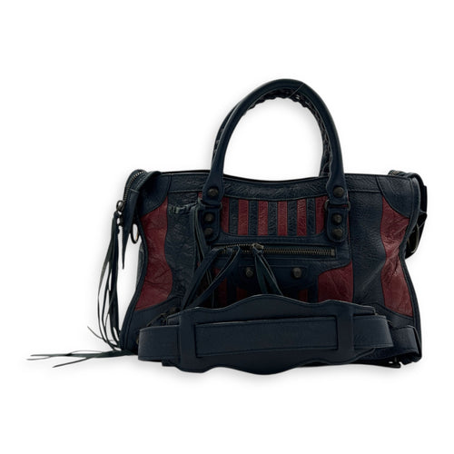 City Top Handle Bag Small Blue in Distressed Leather, Gunmetal hardware