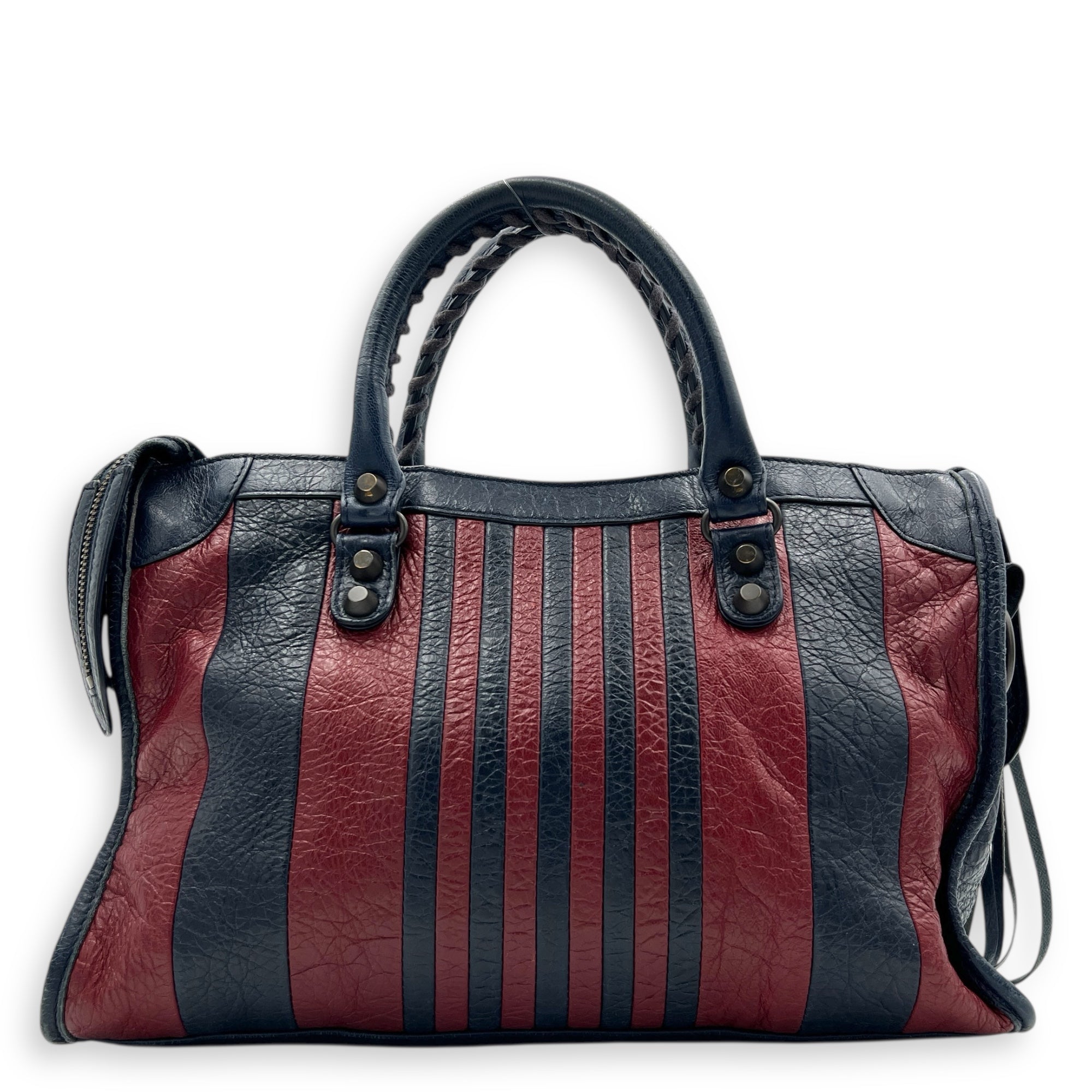 City Top Handle Bag Small Blue in Distressed Leather, Gunmetal hardware
