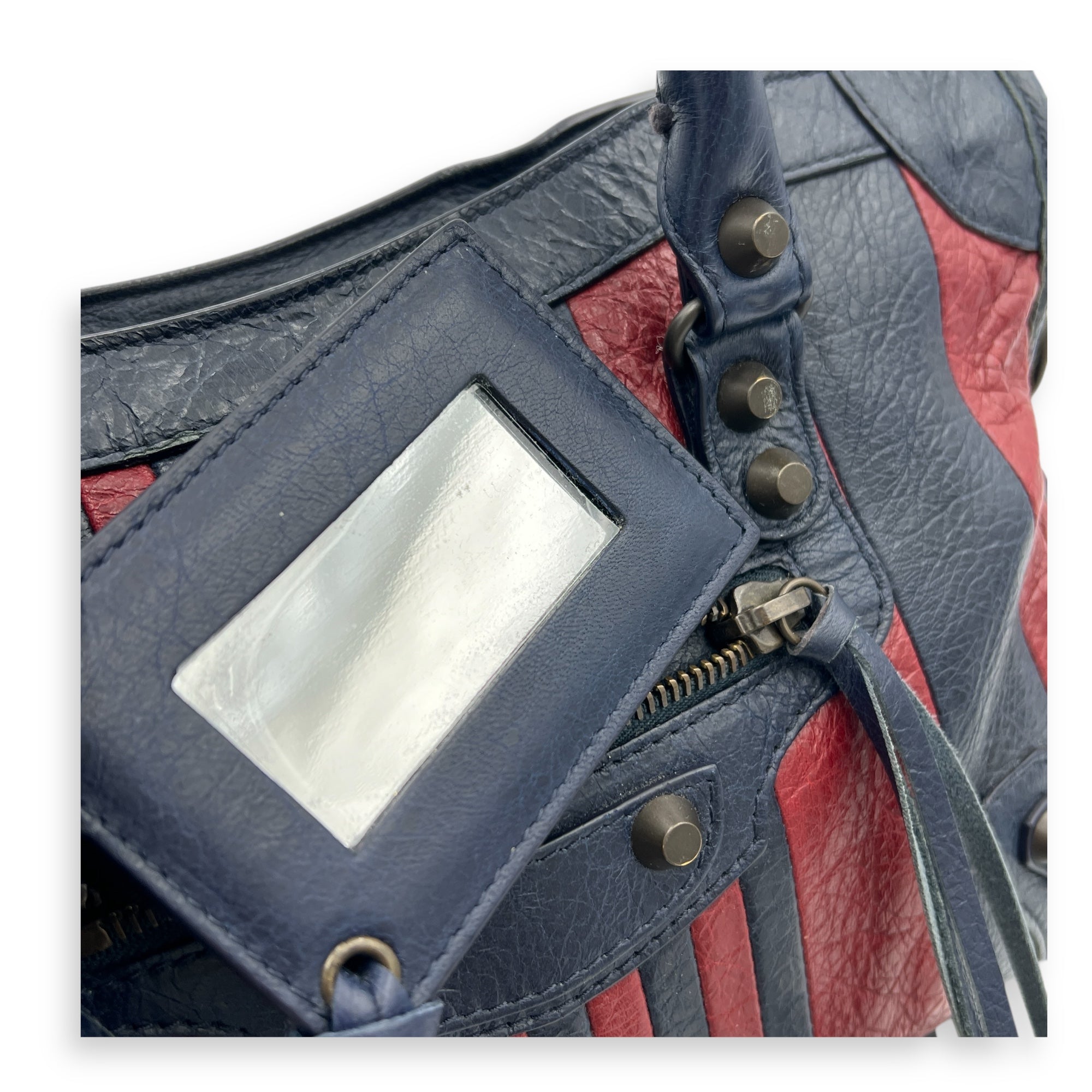City Top Handle Bag Small Blue in Distressed Leather, Gunmetal hardware