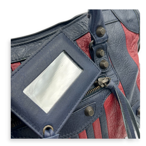City Top Handle Bag Small Blue in Distressed Leather, Gunmetal hardware