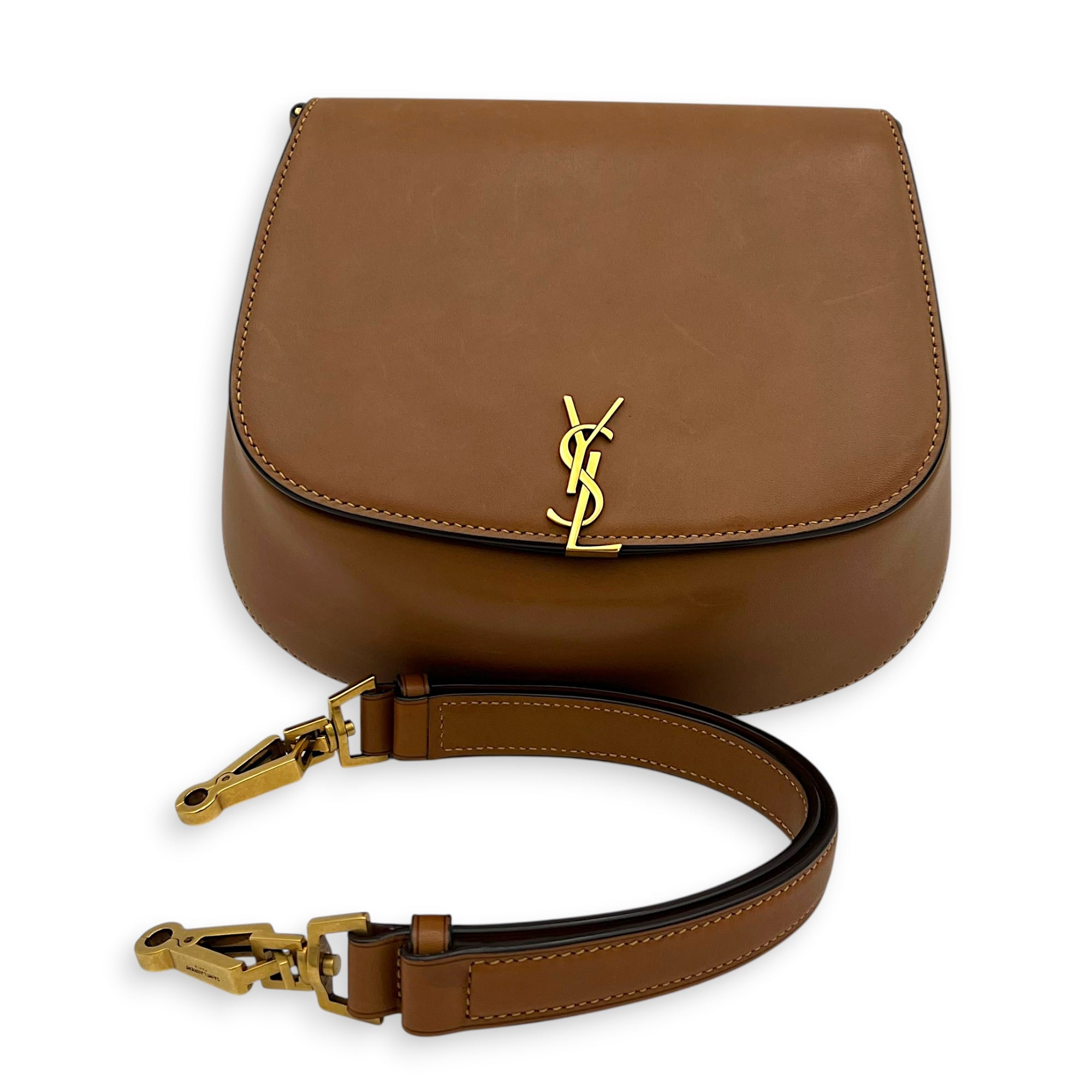 Voltaire Mini Brown Top Handle Bag in Calfskin, Gold hardware