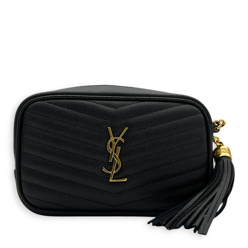 Lou Camera Chain Shoulder Bag Black in Grained Leather, Gold hardware
