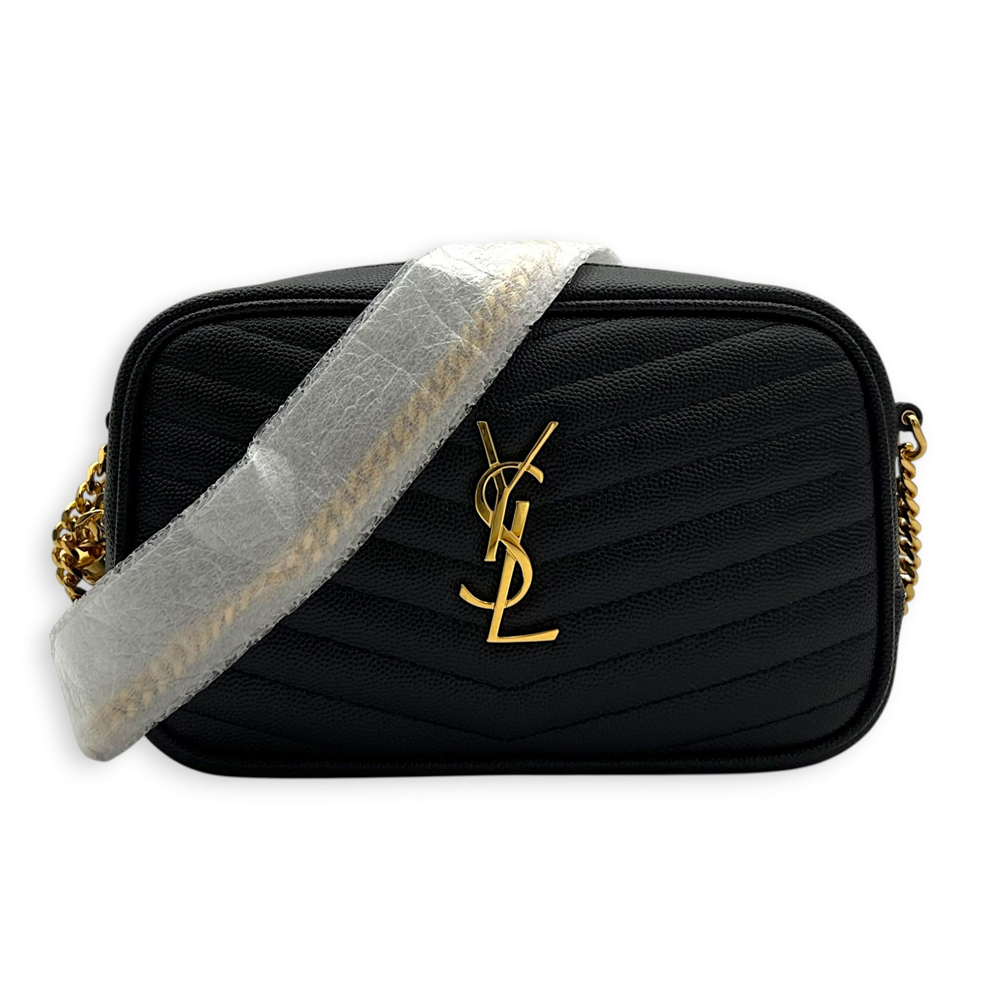 Lou Camera Chain Shoulder Bag Black in Grained Leather, Gold hardware