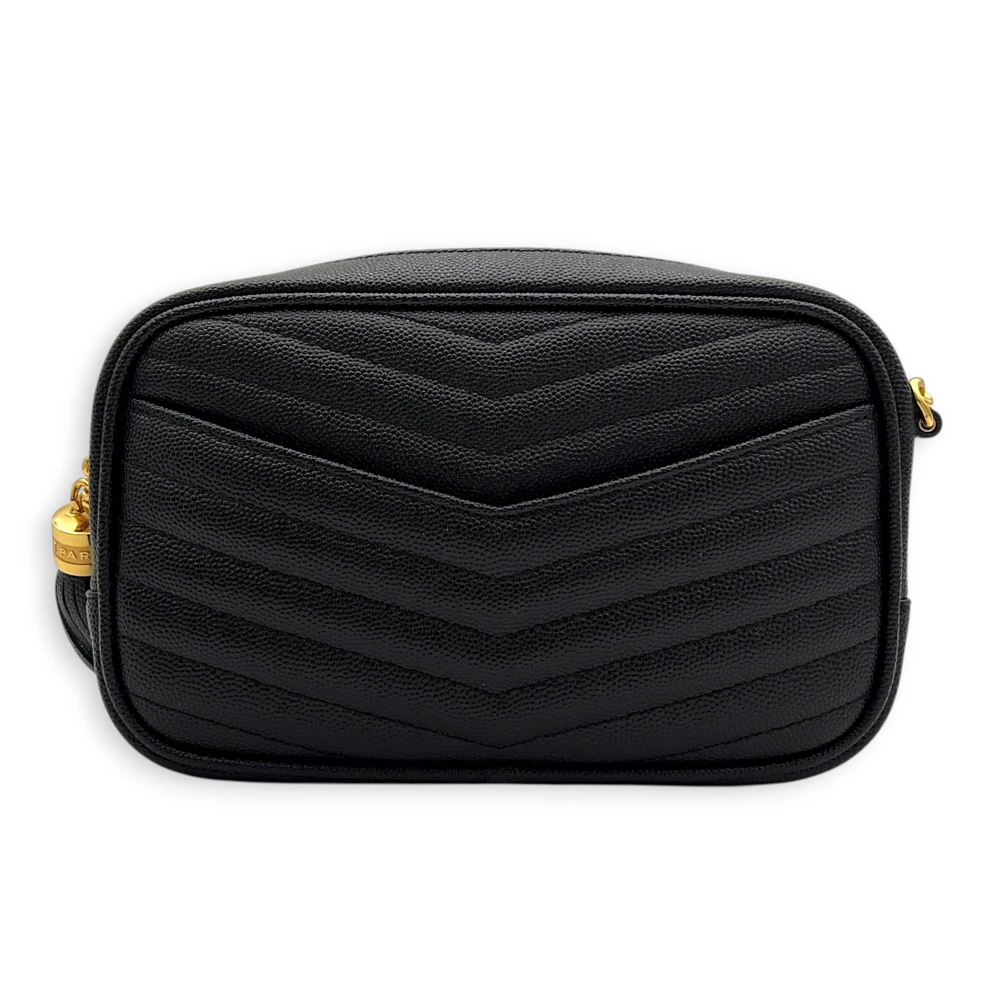 Lou Camera Chain Shoulder Bag Black in Grained Leather, Gold hardware