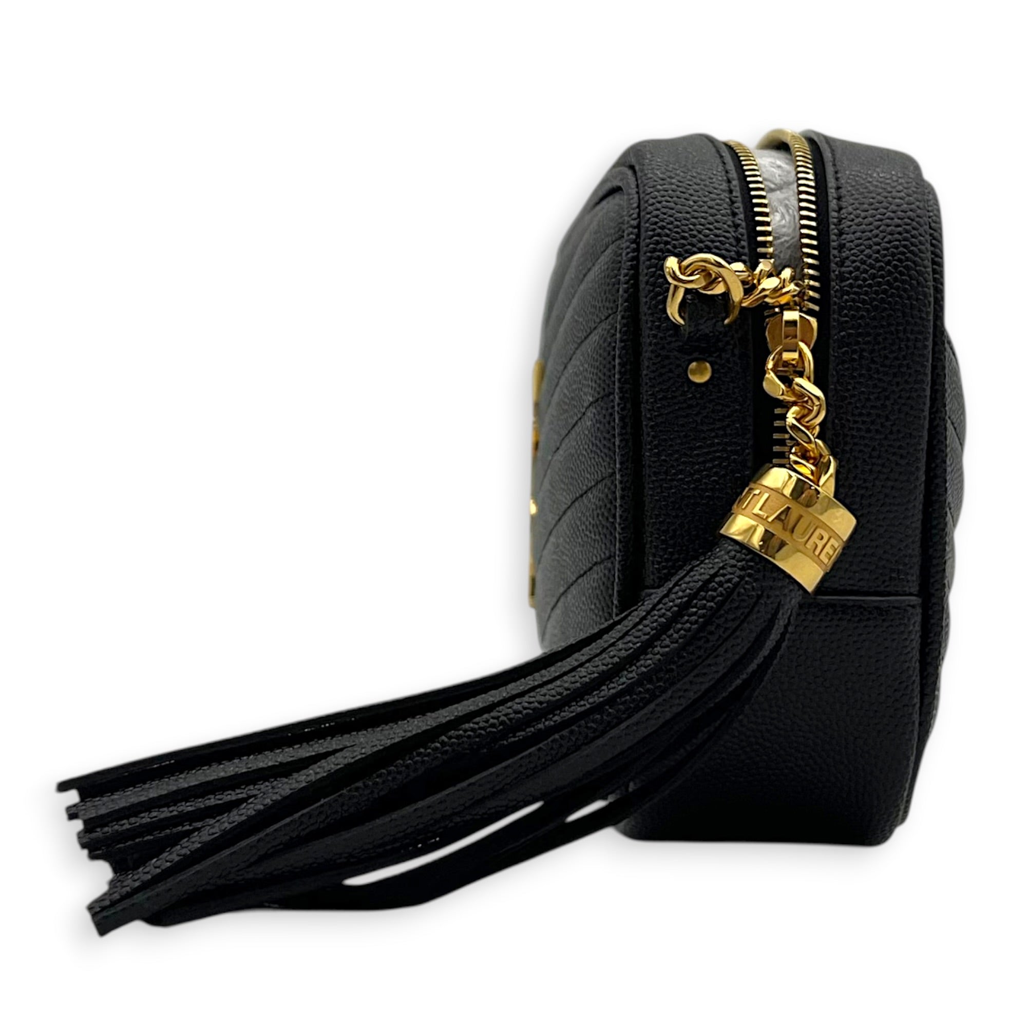 Lou Camera Chain Shoulder Bag Black in Grained Leather, Gold hardware