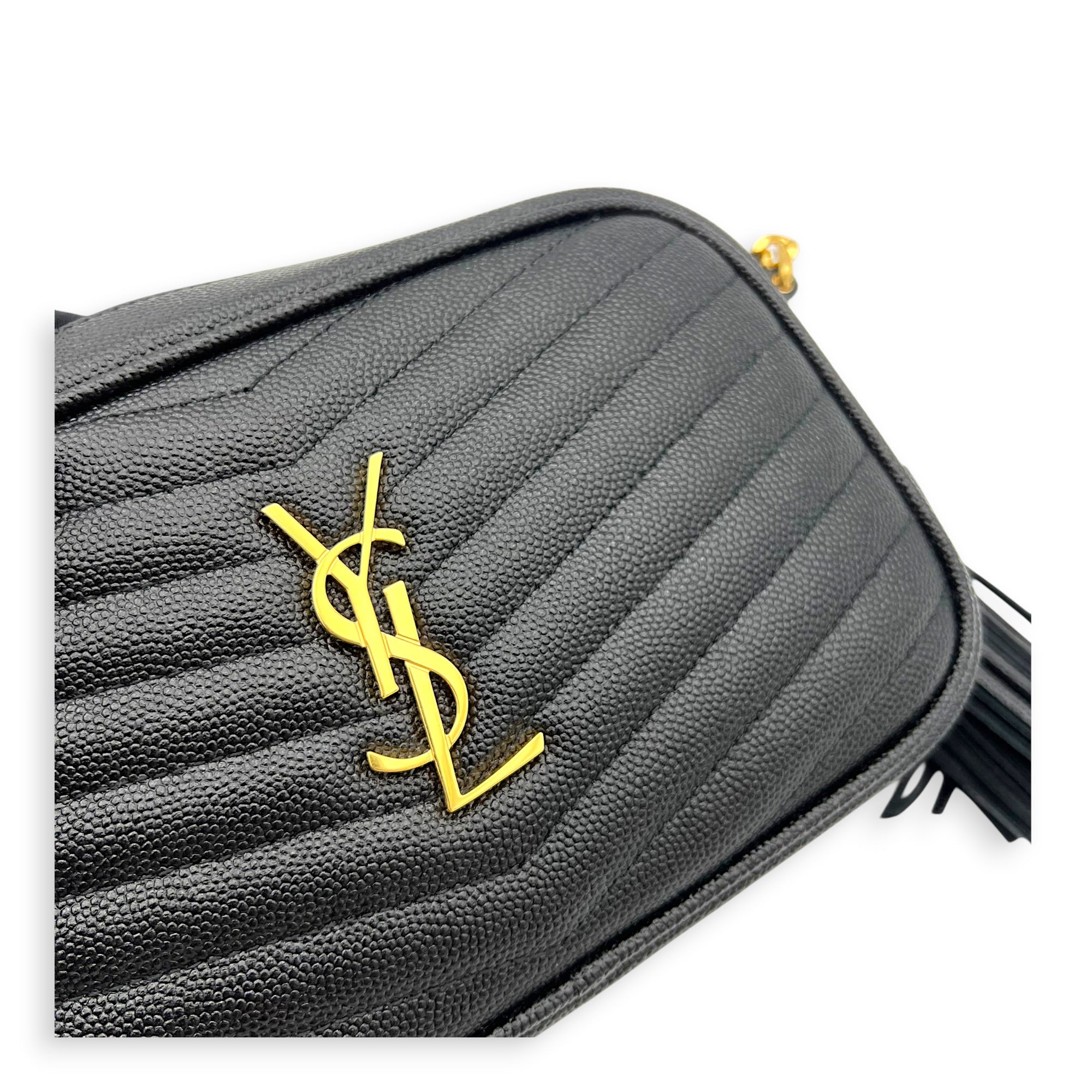Lou Camera Chain Shoulder Bag Black in Grained Leather, Gold hardware