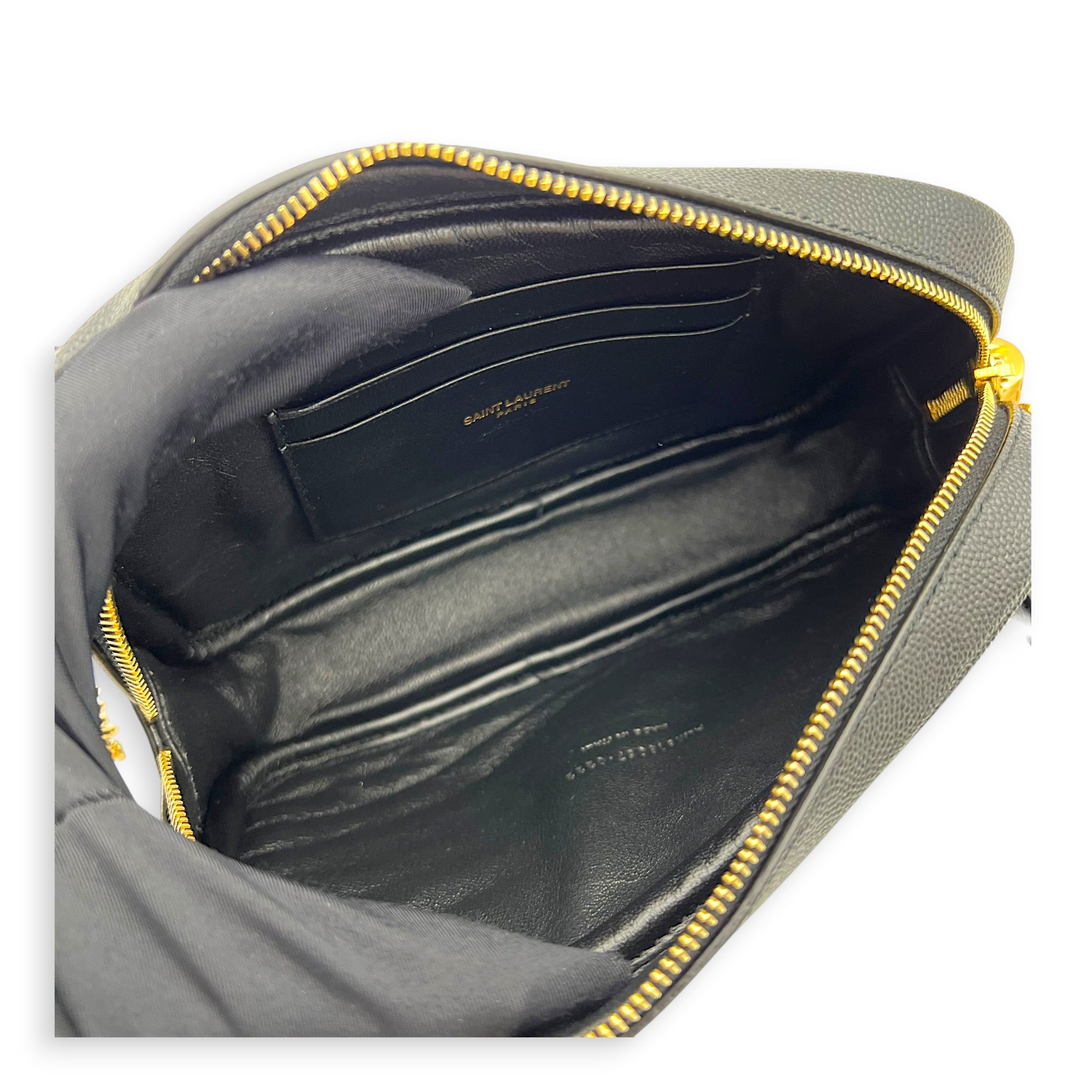 Lou Camera Chain Shoulder Bag Black in Grained Leather, Gold hardware