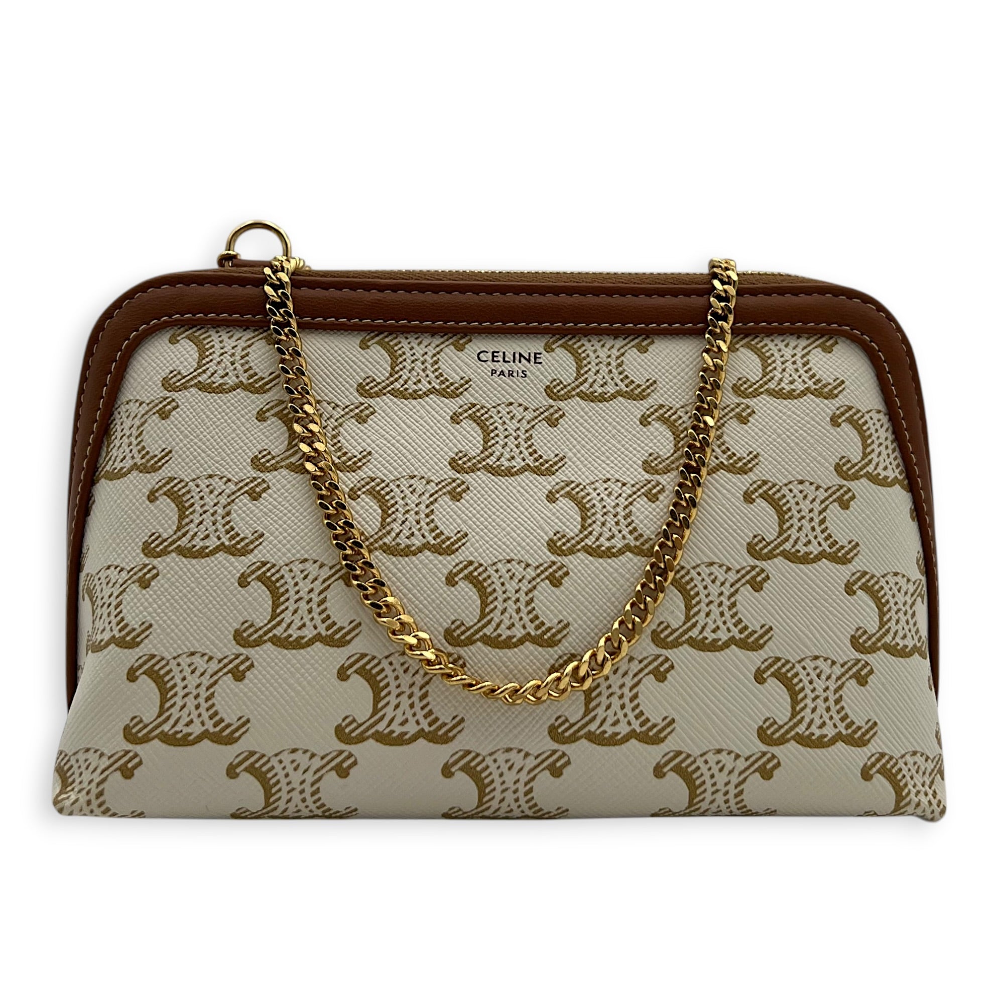 Triomphe Clutch on Chain Shoulder Bag White in Coated Canvas, Gold hardware