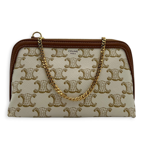 Triomphe Clutch on Chain Shoulder Bag White in Coated Canvas, Gold hardware