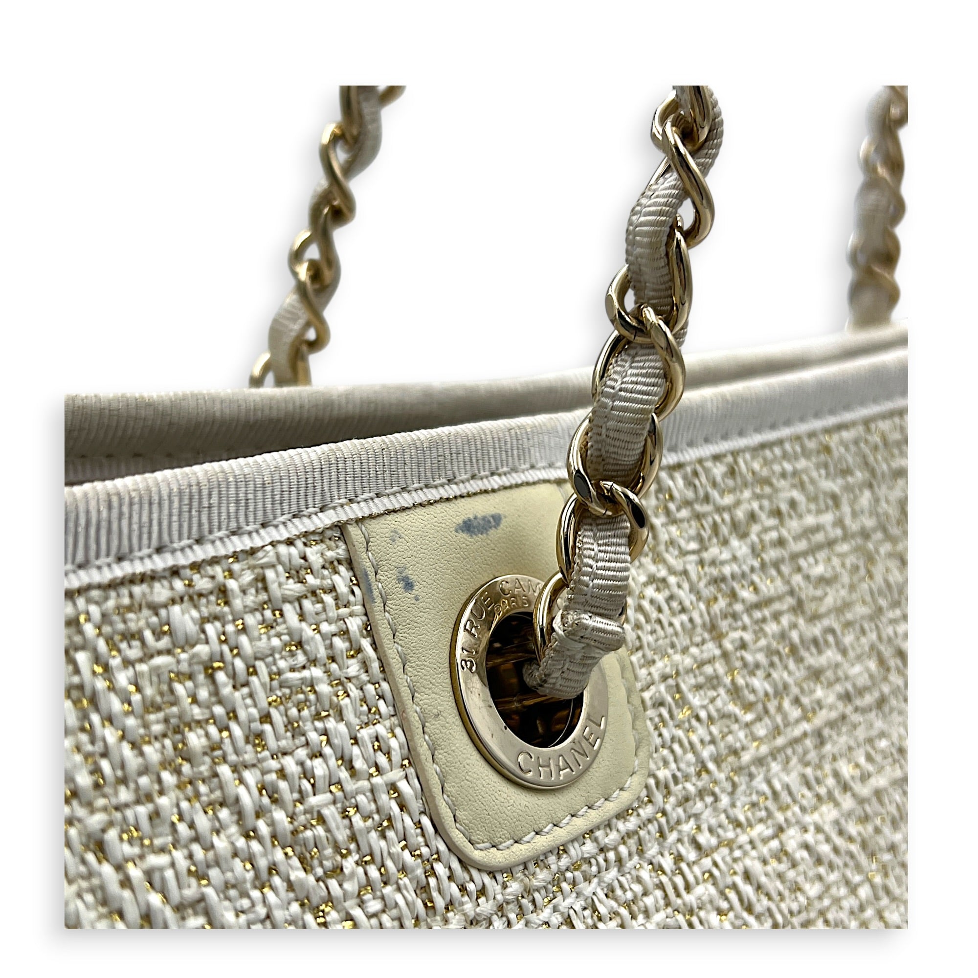 Deauville Tote Bag White in Canvas, Gold hardware