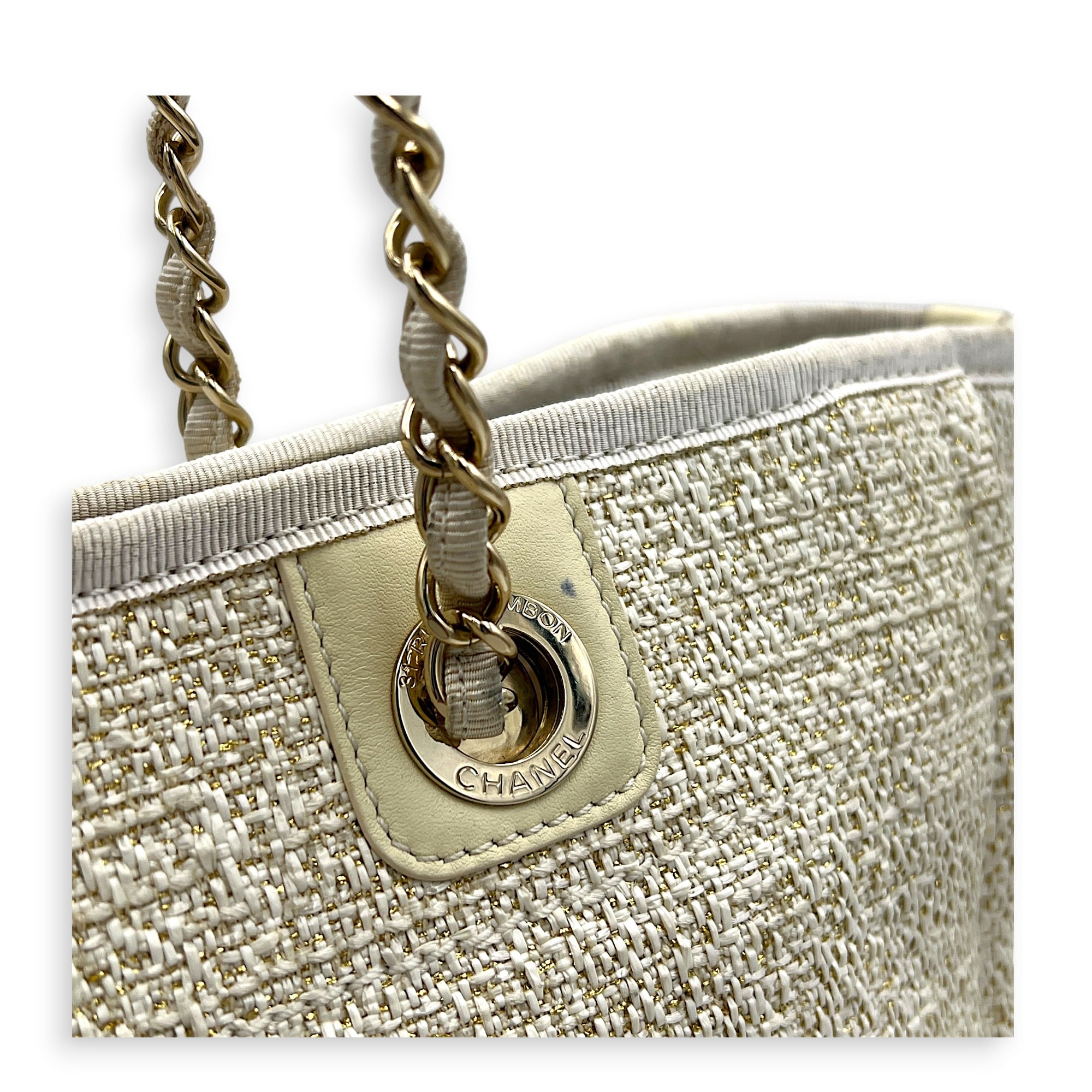 Deauville Tote Bag White in Canvas, Gold hardware