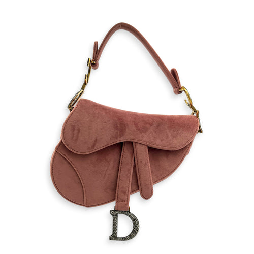 Saddle Shoulder Bag Pink in Velvet, Gold hardware