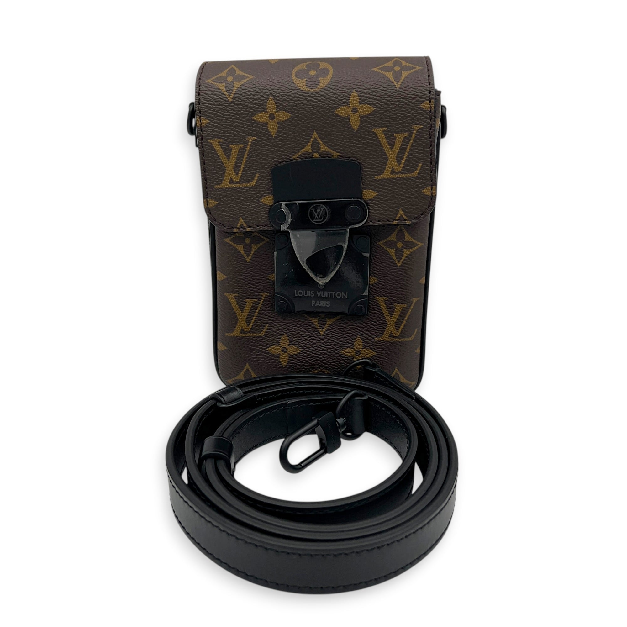 S-lock VERTICAL WEARABLE WALLET Shoulder Bag Brown in Monogram Coated Canvas, Black hardware