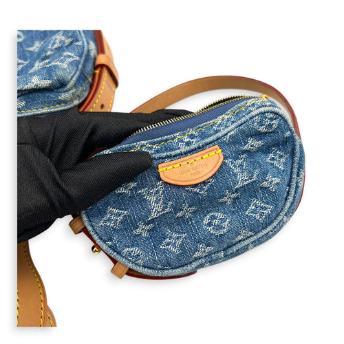 Croissant Shoulder Bag Blue in Denim, Gold hardware