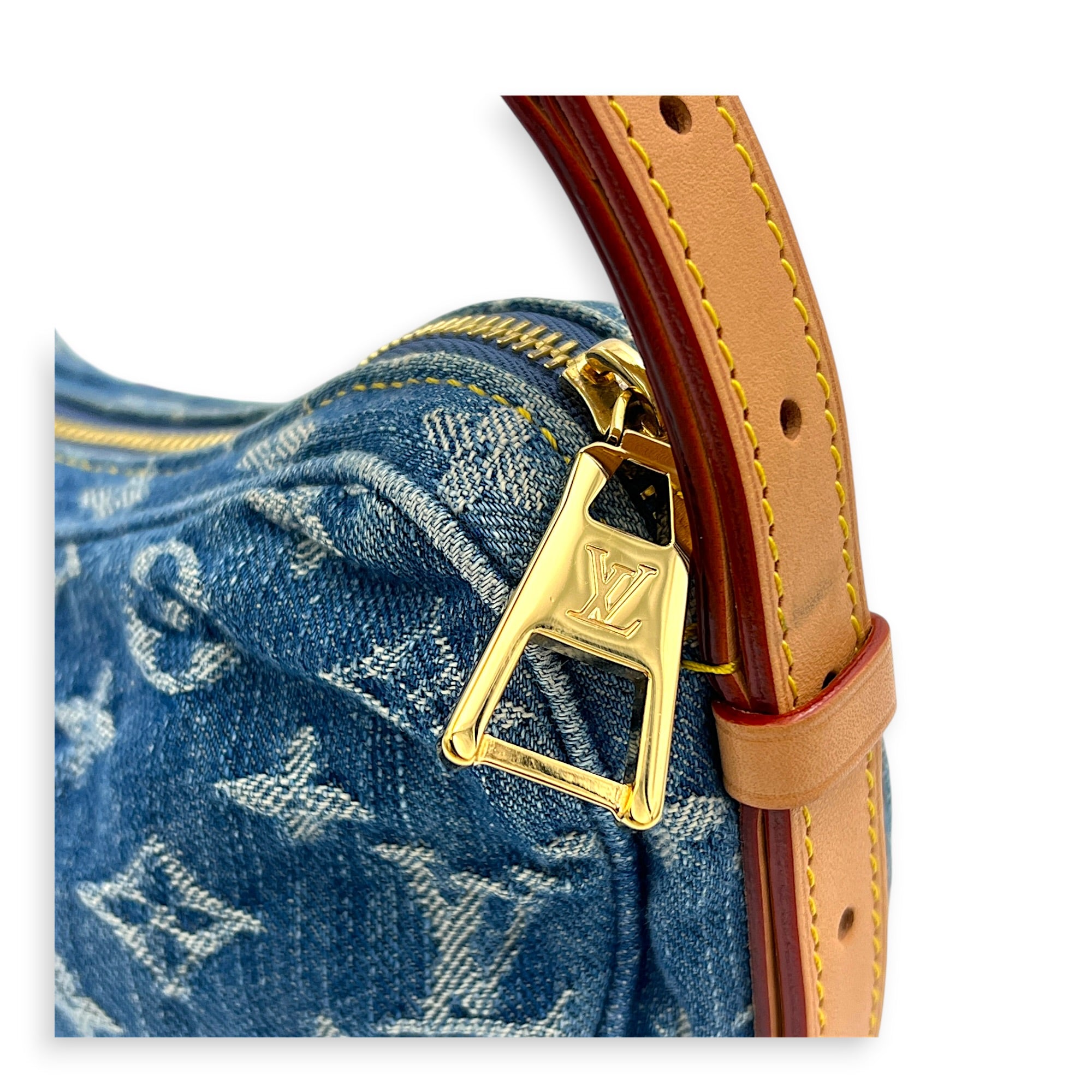 Croissant Shoulder Bag Blue in Denim, Gold hardware