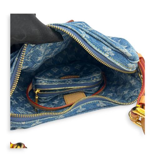 Croissant Shoulder Bag Blue in Denim, Gold hardware