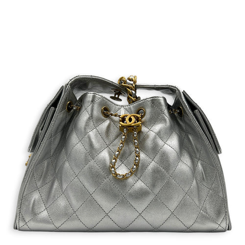 C25 Hobo Shoulder Bag Small Silver in Caviar Leather, Gold hardware
