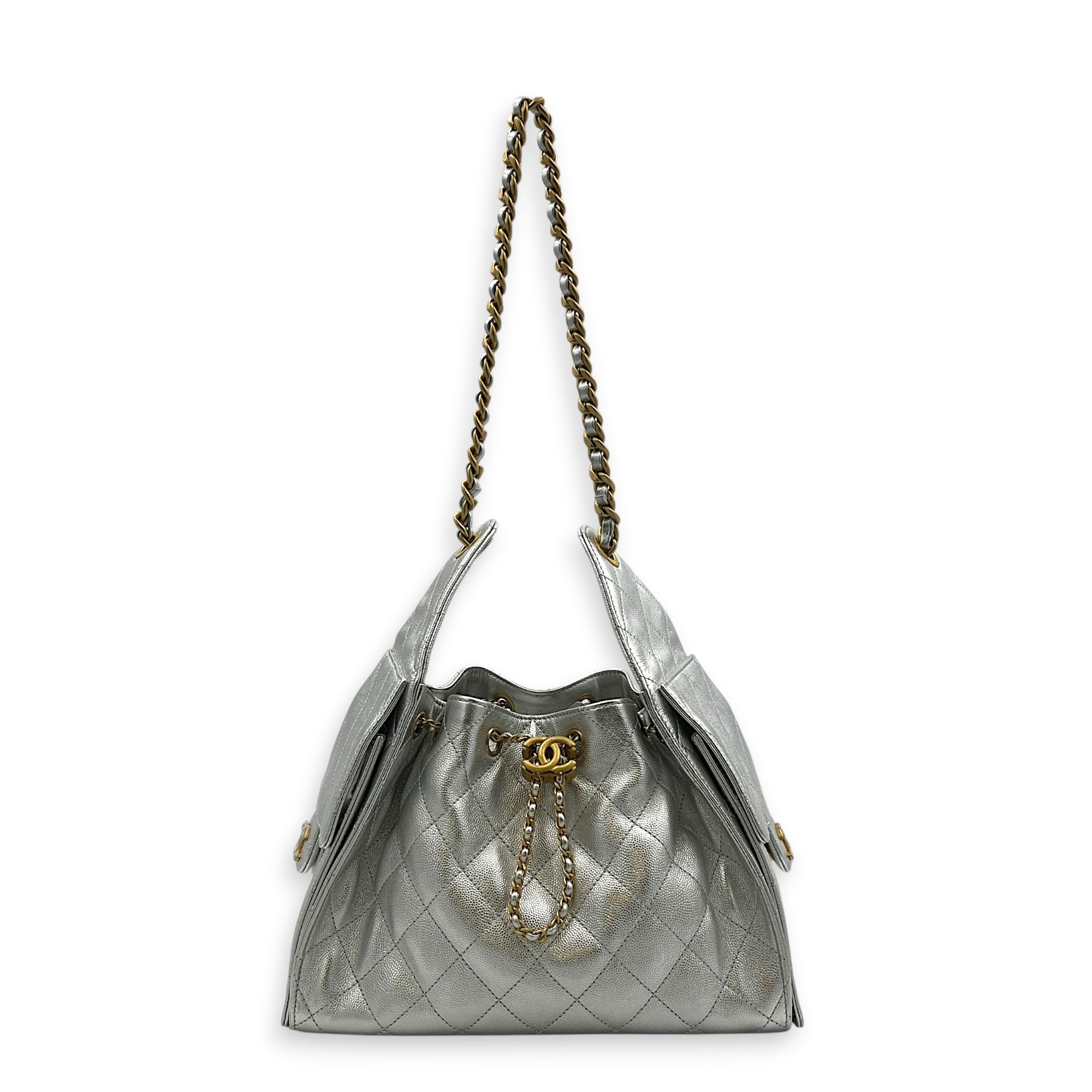 C25 Hobo Shoulder Bag Small Silver in Caviar Leather, Gold hardware