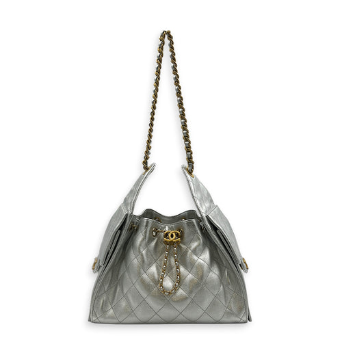 C25 Hobo Shoulder Bag Small Silver in Caviar Leather, Gold hardware