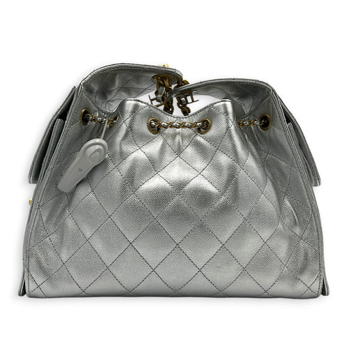 C25 Hobo Shoulder Bag Small Silver in Caviar Leather, Gold hardware