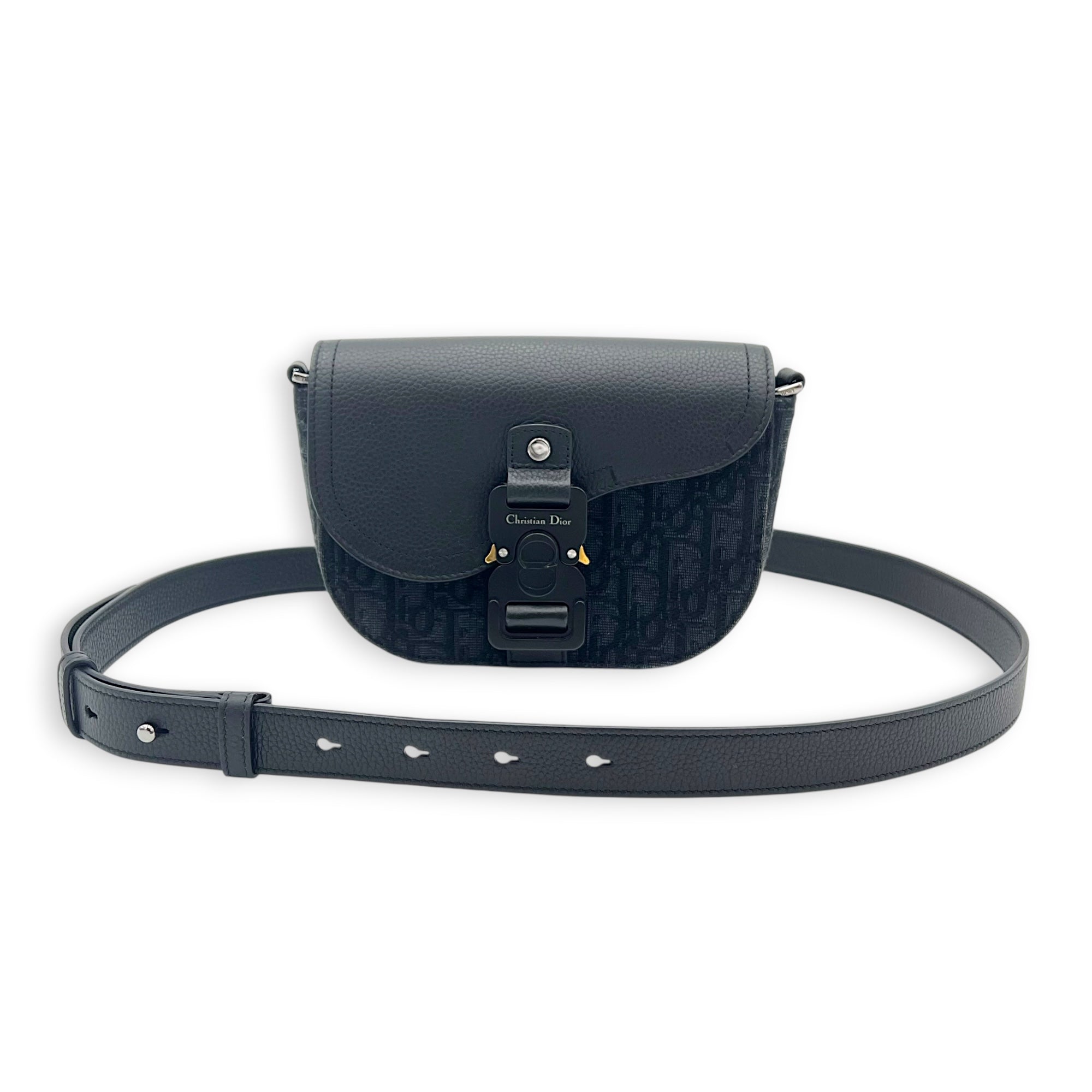 Saddle Shoulder Bag Mini Black in Jacquard, Silver hardware