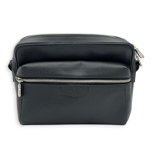 Outdoor Shoulder Bag PM Black in Taiga Leather, Silver hardware