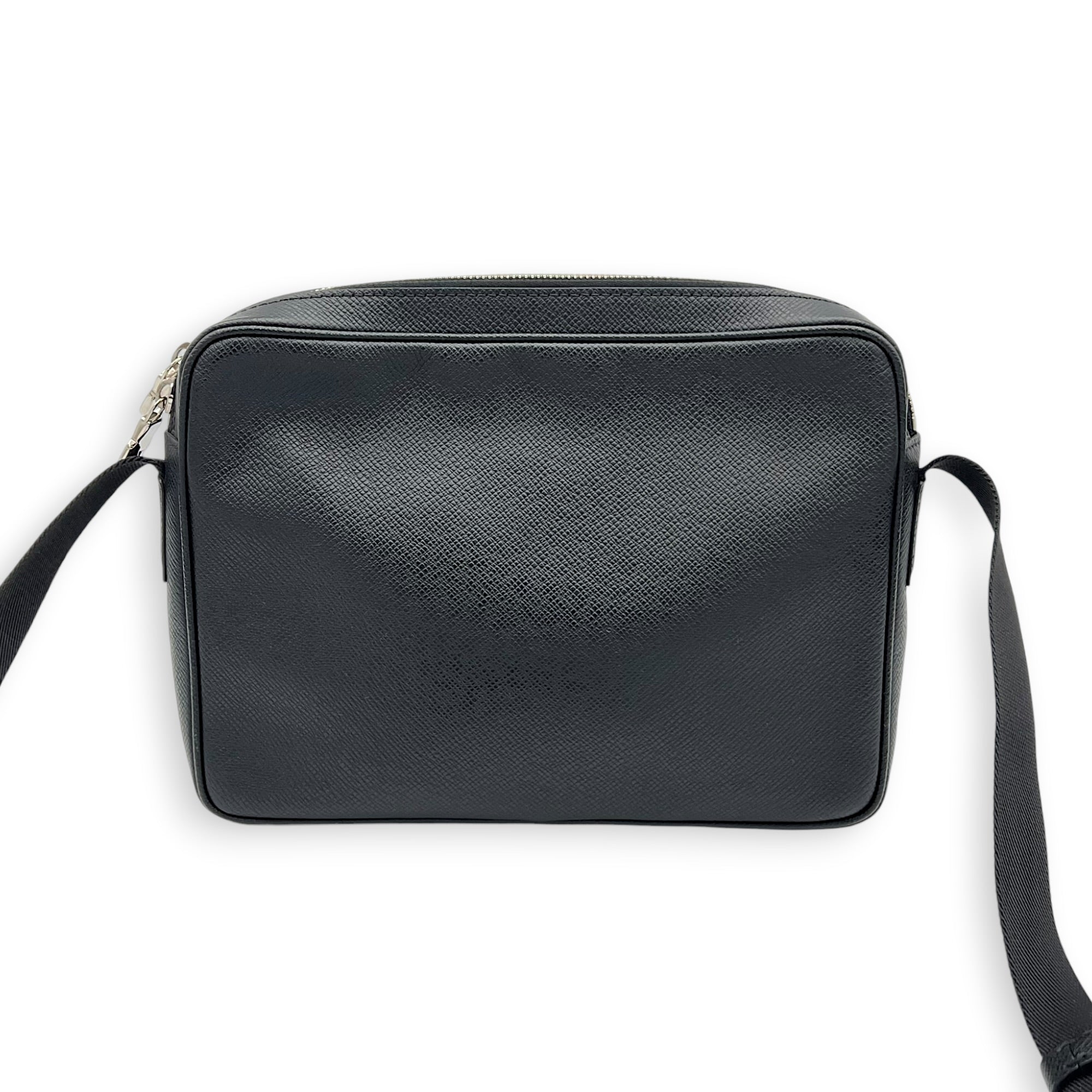 Outdoor Shoulder Bag PM Black in Taiga Leather, Silver hardware