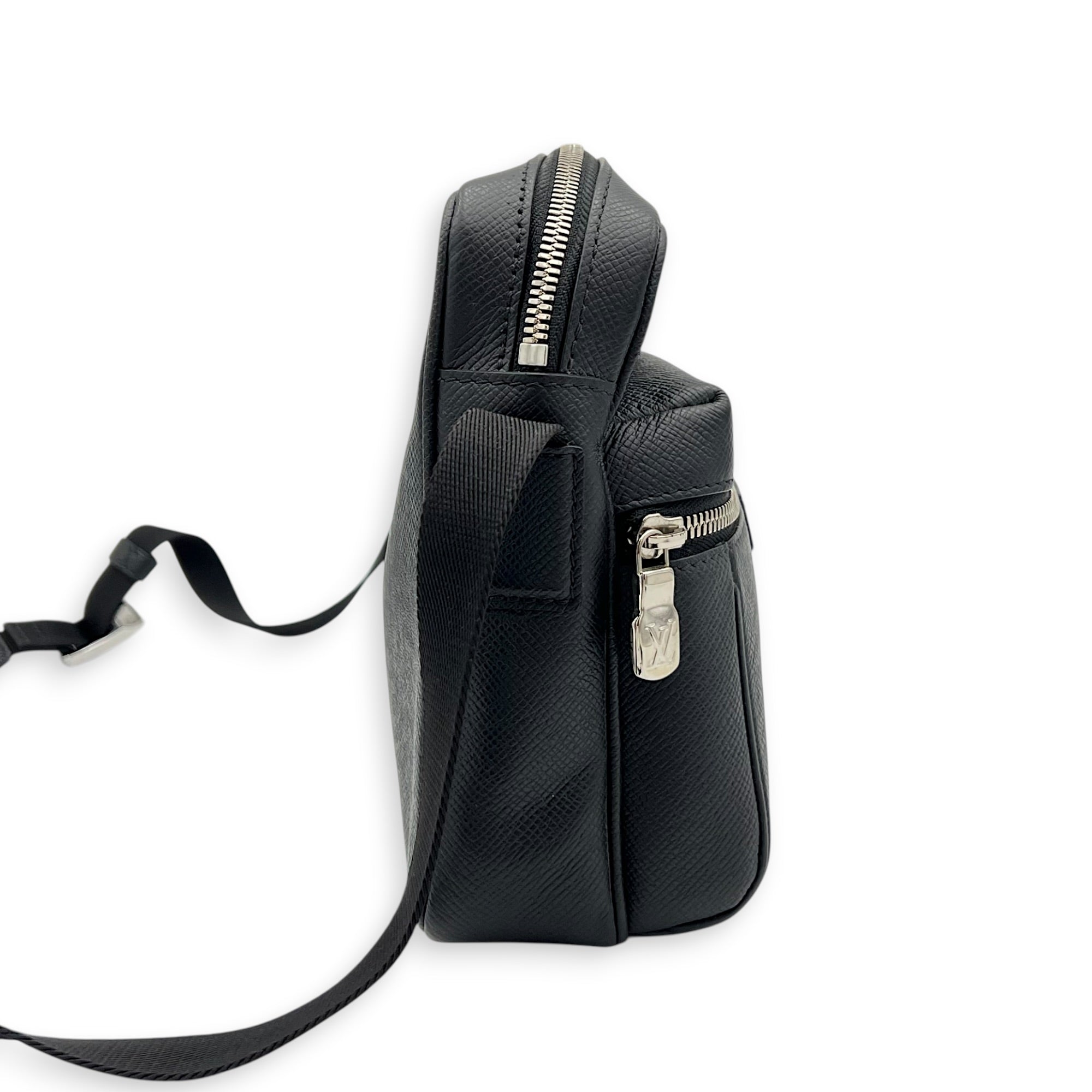 Outdoor Shoulder Bag PM Black in Taiga Leather, Silver hardware
