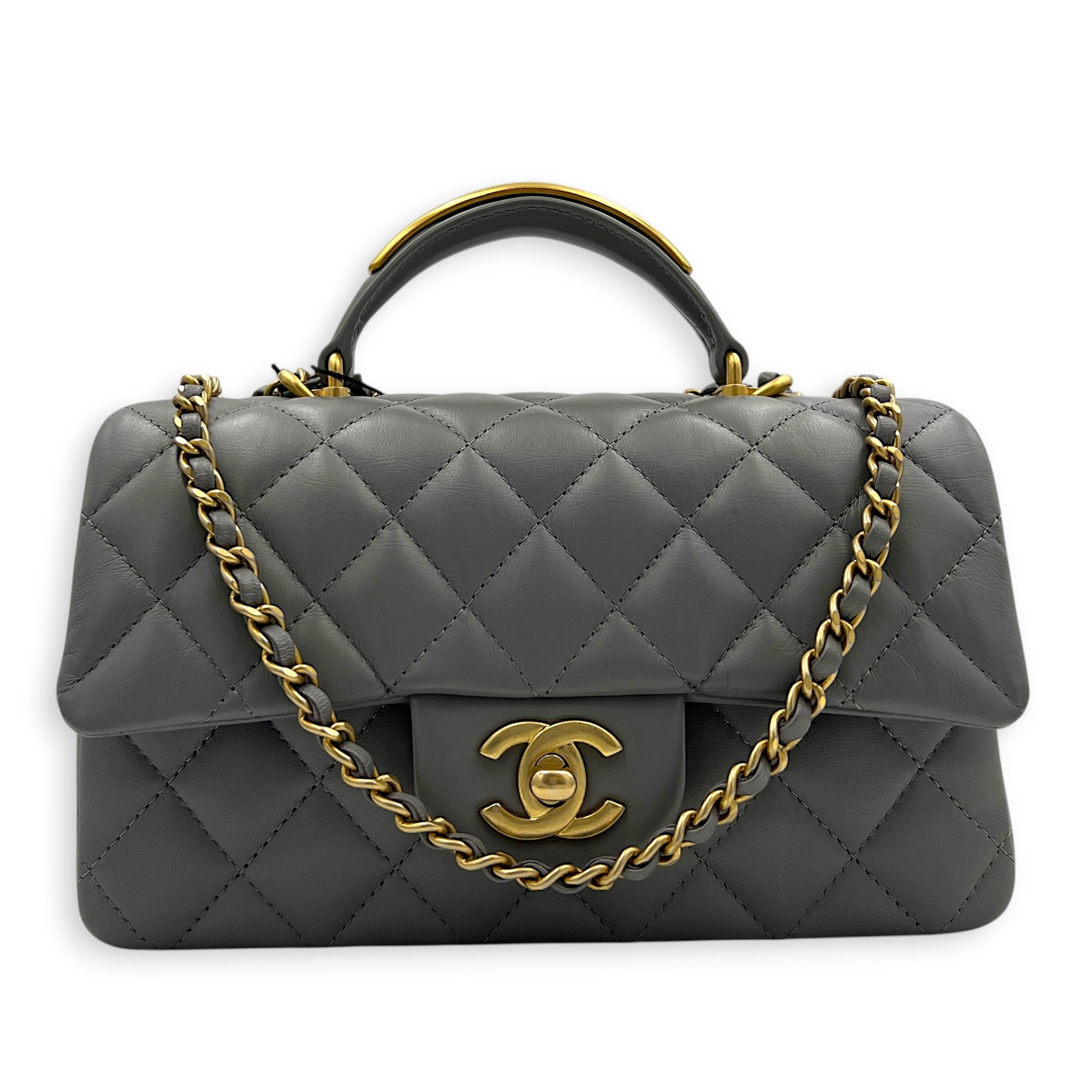 CC Rectangle Top Handle Bag in Lambskin, Gold hardware