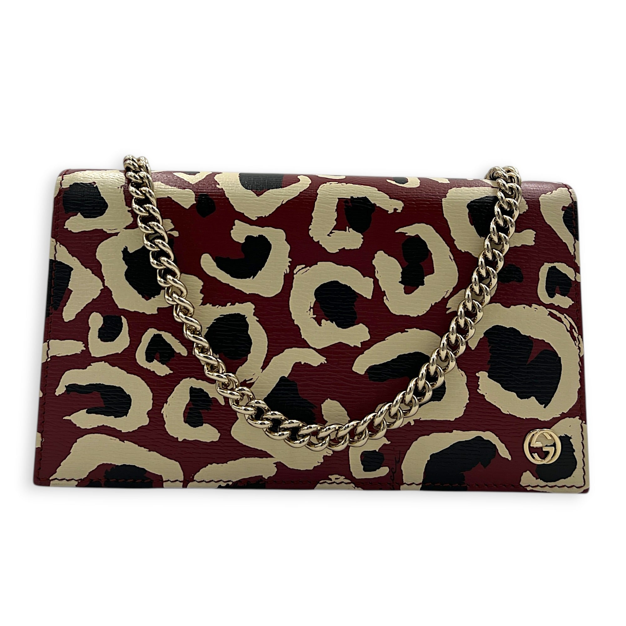 Interlocking G Wallet On Chain Red in Calfskin, Gold hardware