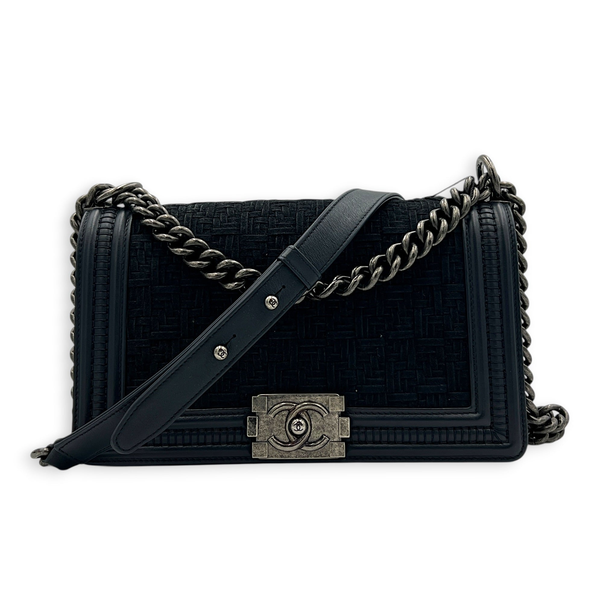 Boy Medium Blue Shoulder Bag in Calfskin, Silver hardware