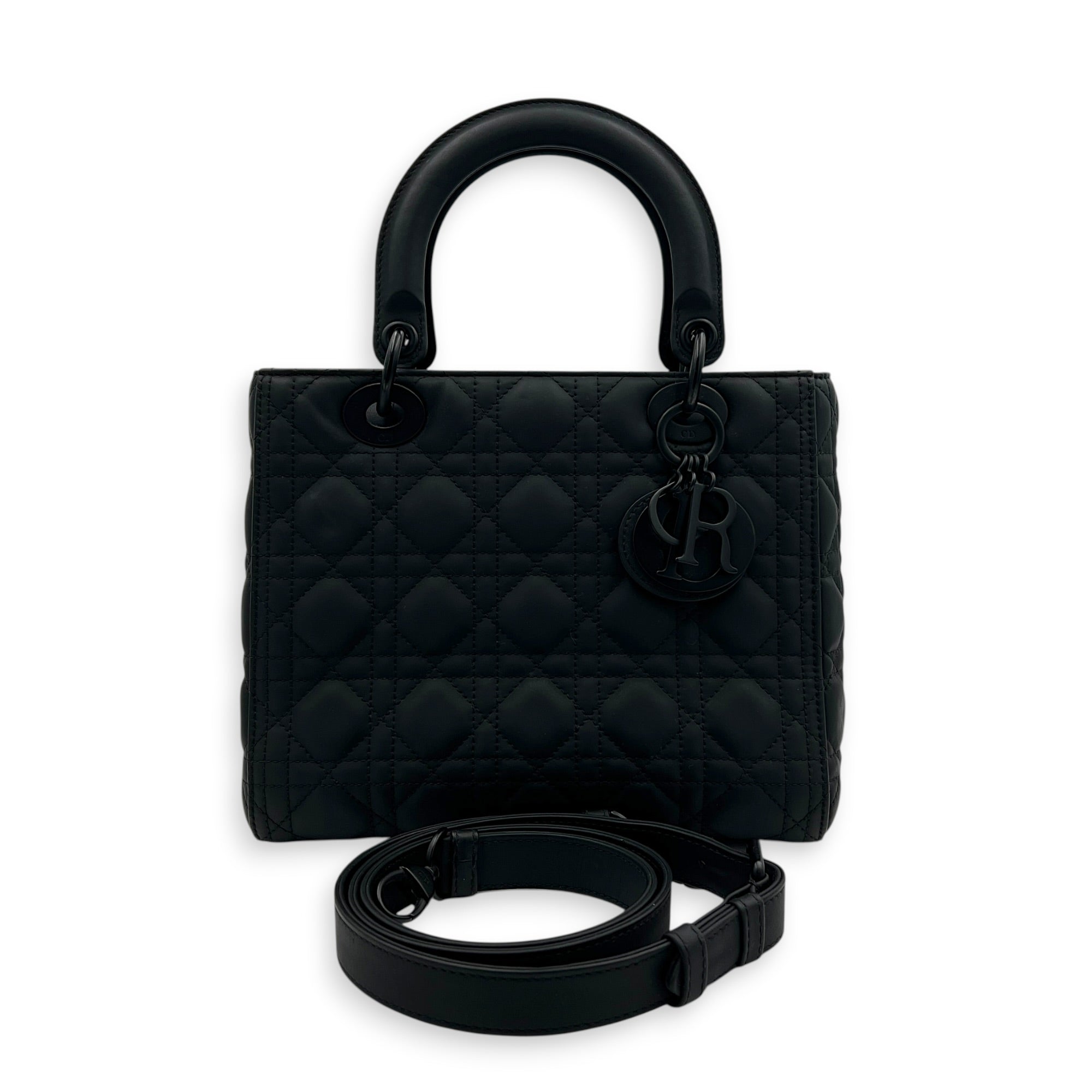 Lady Dior Top Handle Bag Medium Black in Lambskin, Ultramatte hardware