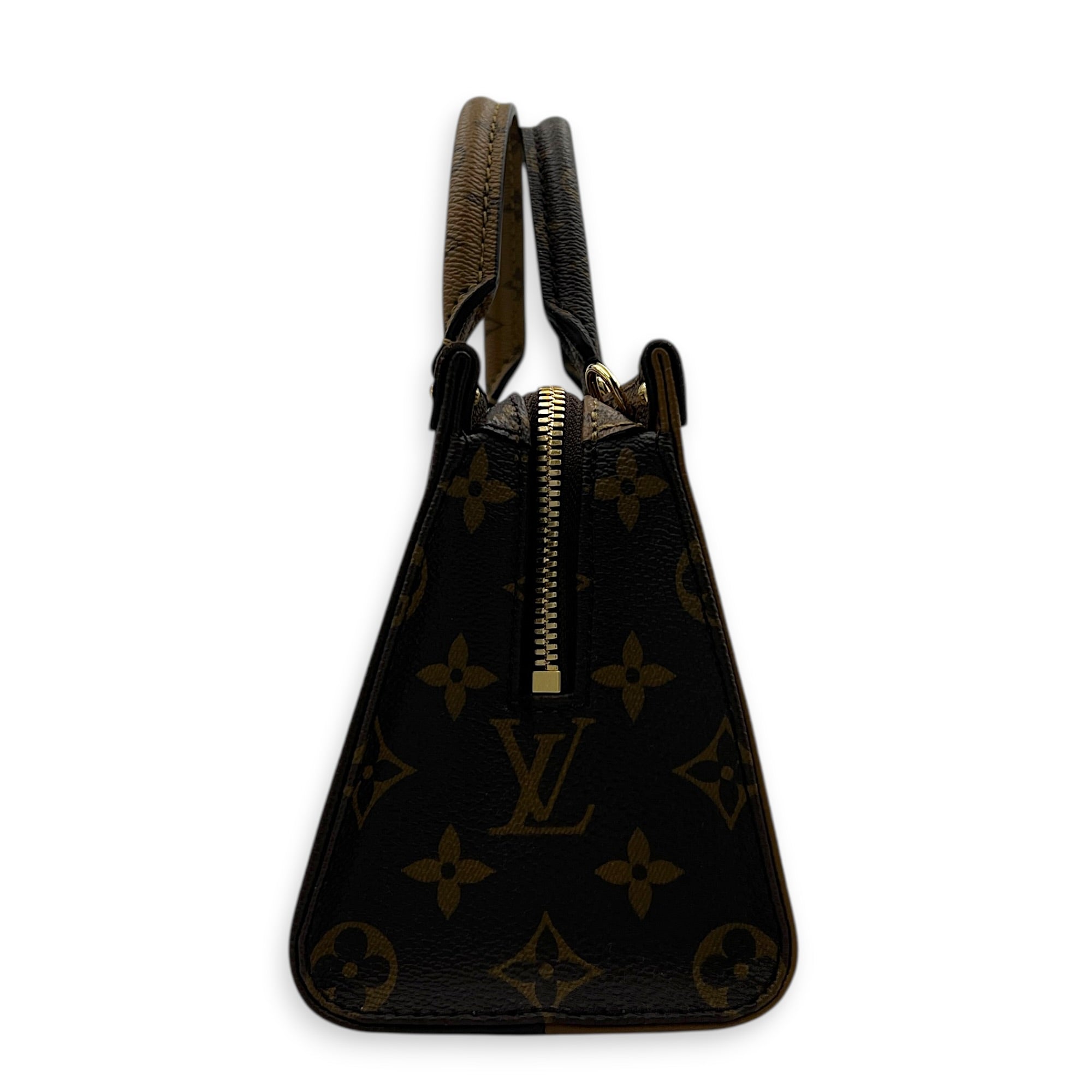 OnTheGo Top Handle Bag East West Brown in Monogram Coated Canvas, Gold hardware