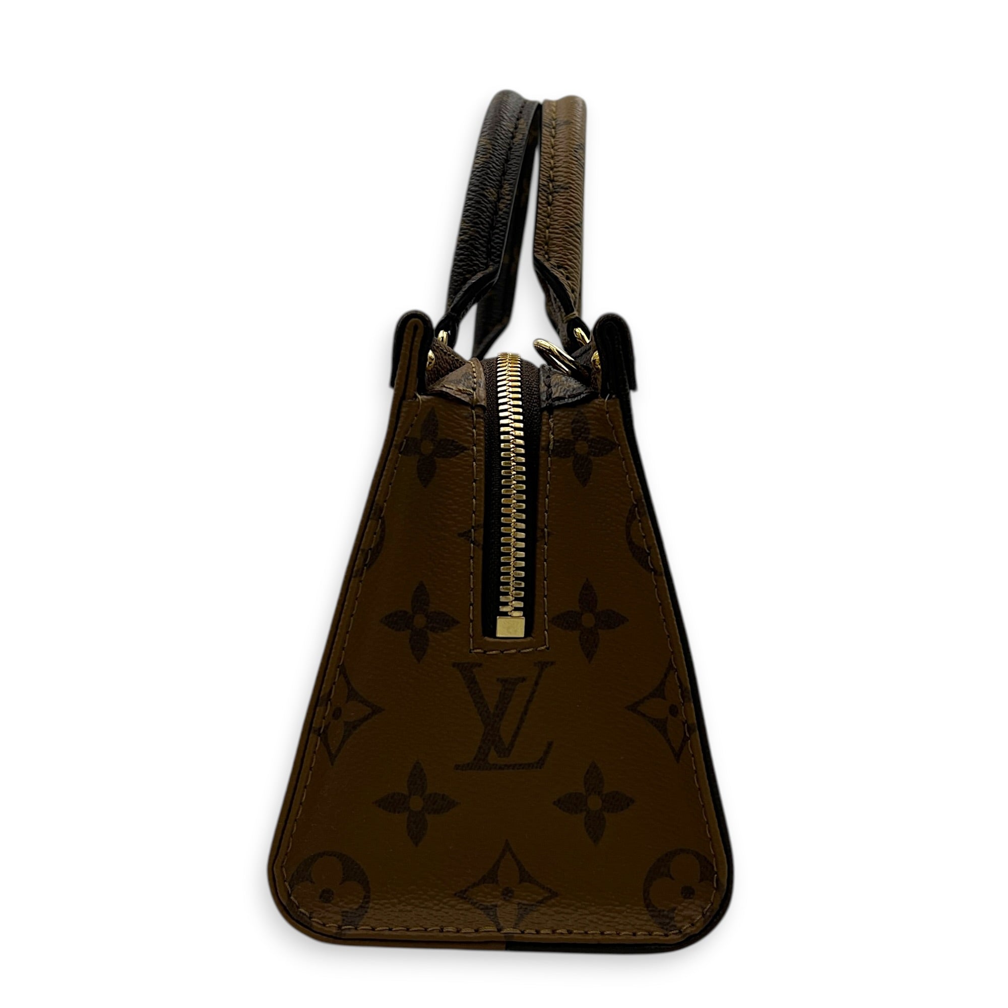 OnTheGo Top Handle Bag East West Brown in Monogram Coated Canvas, Gold hardware