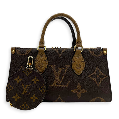 OnTheGo Top Handle Bag East West Brown in Monogram Coated Canvas, Gold hardware