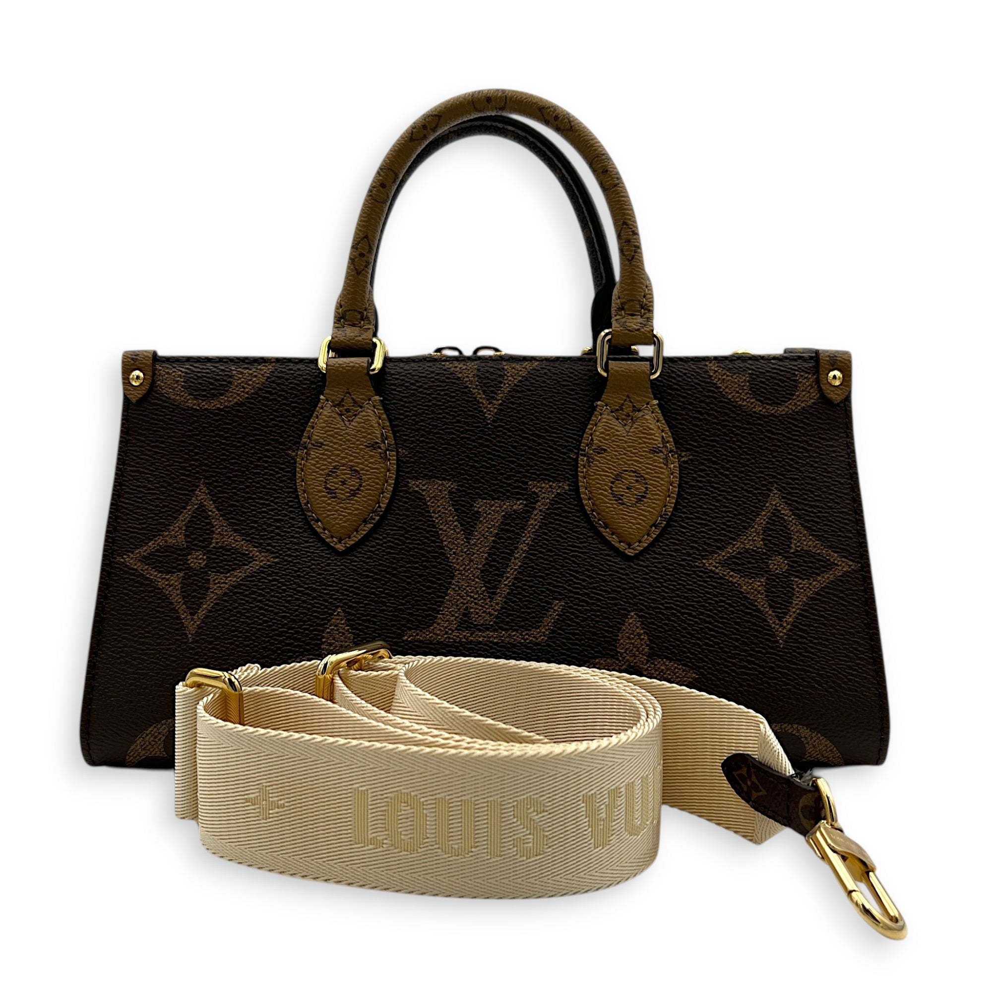 OnTheGo Top Handle Bag East West Brown in Monogram Coated Canvas, Gold hardware