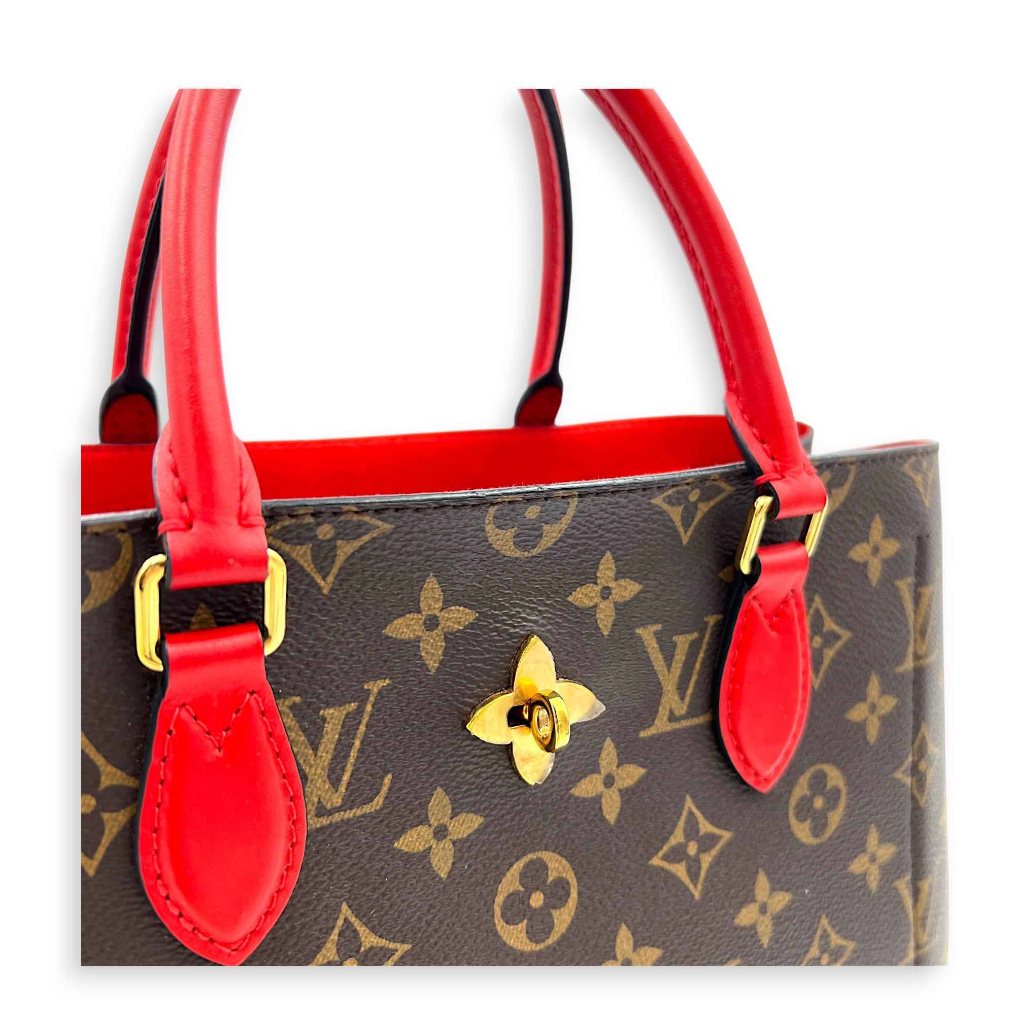 Flower Top Handle Bag Brown in Monogram Coated Canvas, Gold hardware