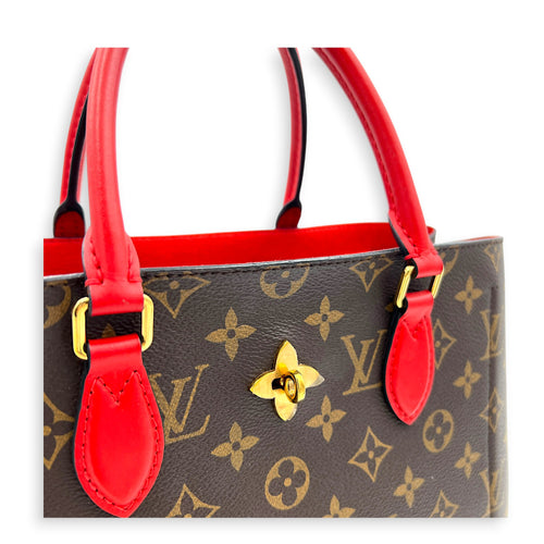 Flower Top Handle Bag Brown in Monogram Coated Canvas, Gold hardware