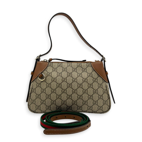 Emblem Shoulder Bag Brown in Coated Canvas, Gold hardware
