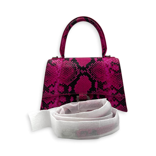 Hourglass Small Pink Top Handle Bag in Python Leather, Silver hardware