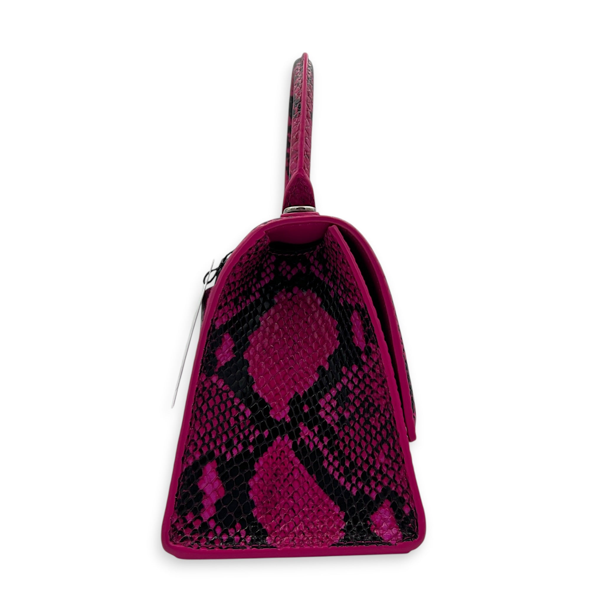 Hourglass Small Pink Top Handle Bag in Python Leather, Silver hardware