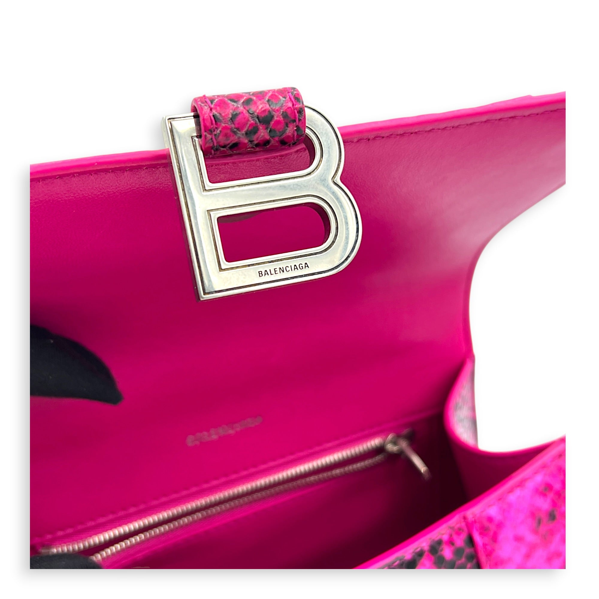 Hourglass Small Pink Top Handle Bag in Python Leather, Silver hardware