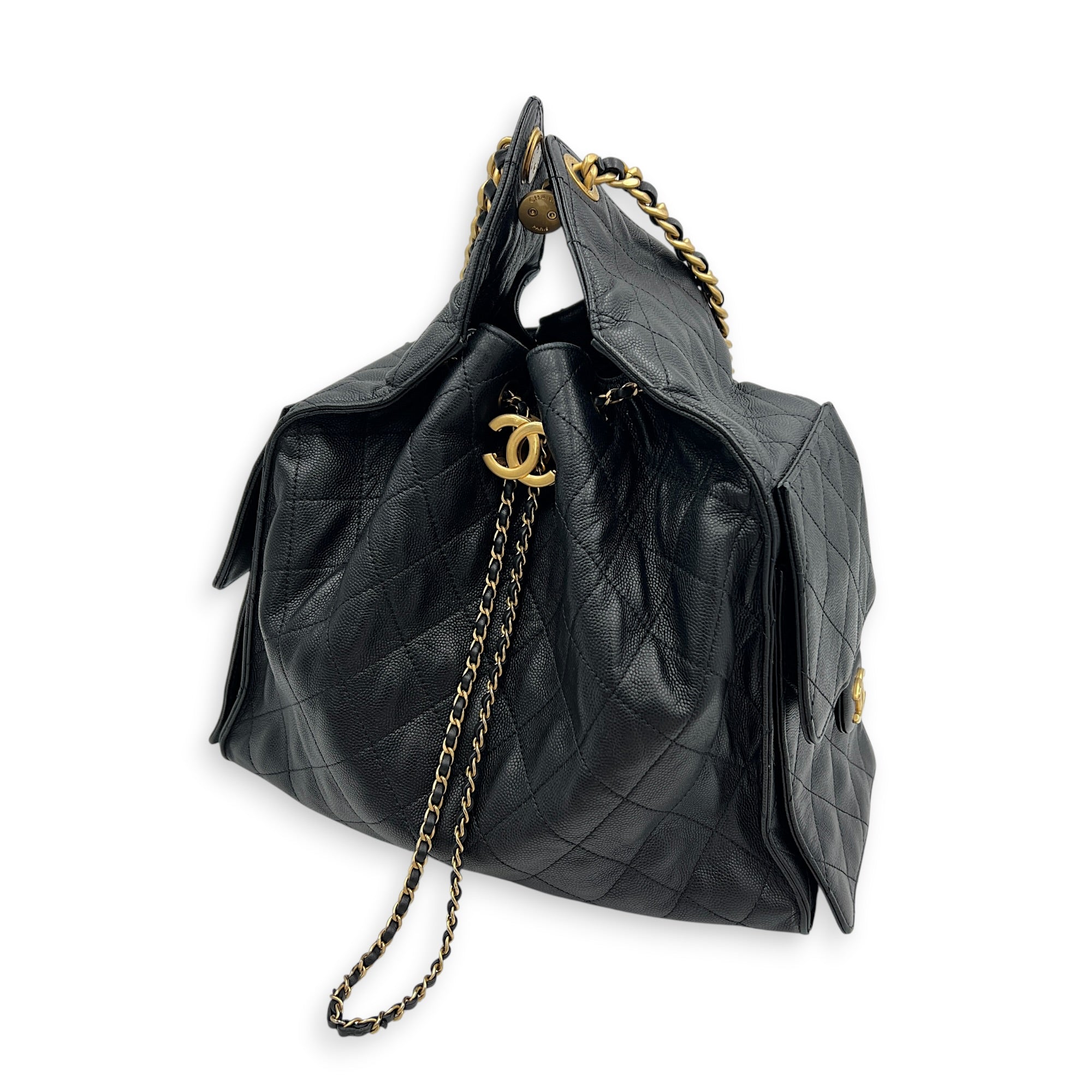 C25 Medium Black Shoulder Bag in Caviar Leather, Gold hardware