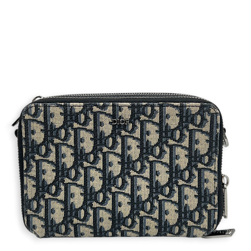 Double Zip Camera Shoulder Bag Blue in Canvas, Silver hardware
