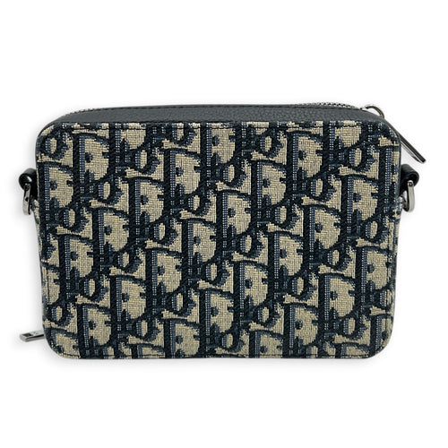 Double Zip Camera Shoulder Bag Blue in Canvas, Silver hardware