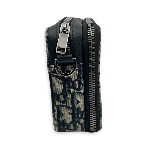 Double Zip Camera Shoulder Bag Blue in Canvas, Silver hardware
