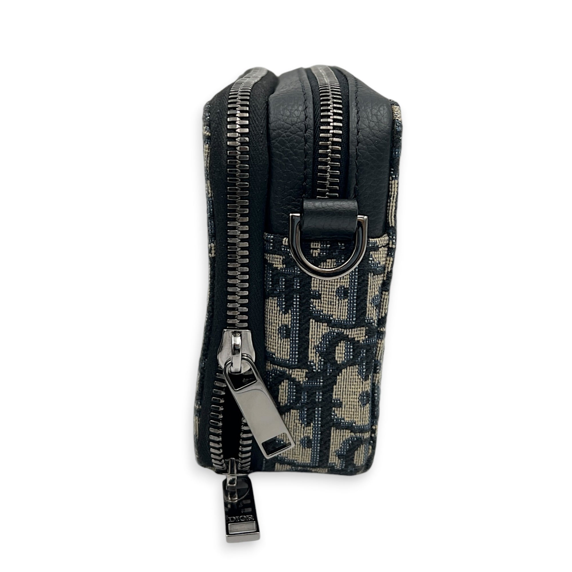 Double Zip Camera Shoulder Bag Blue in Canvas, Silver hardware