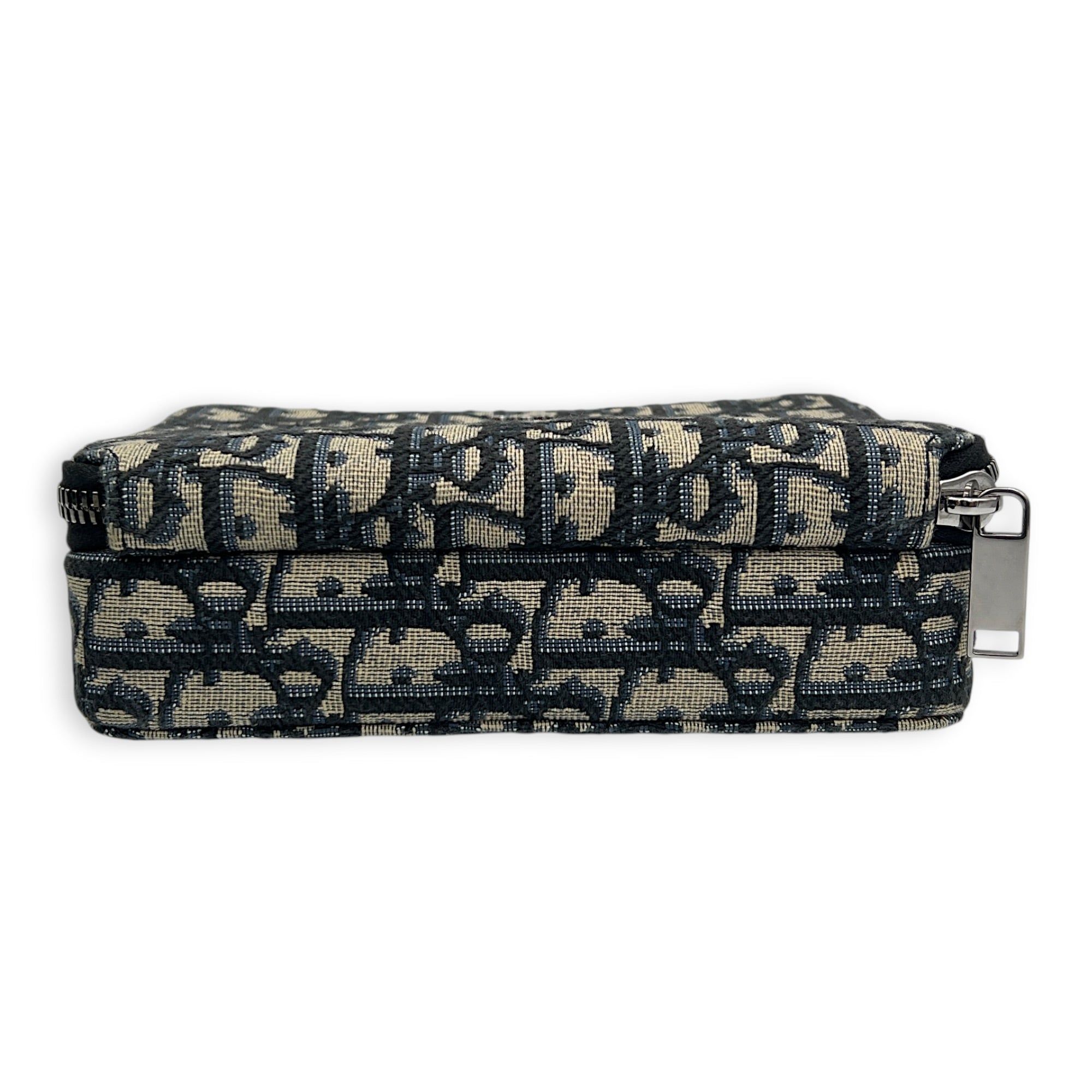 Double Zip Camera Shoulder Bag Blue in Canvas, Silver hardware