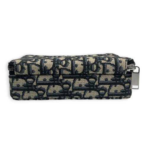Double Zip Camera Shoulder Bag Blue in Canvas, Silver hardware