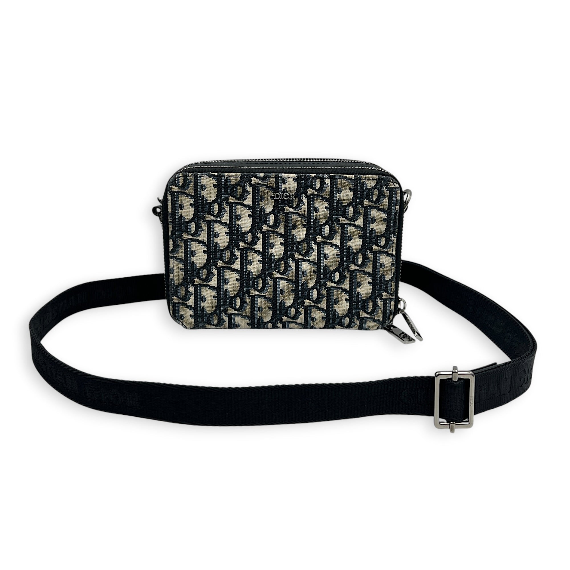 Double Zip Camera Shoulder Bag Blue in Canvas, Silver hardware